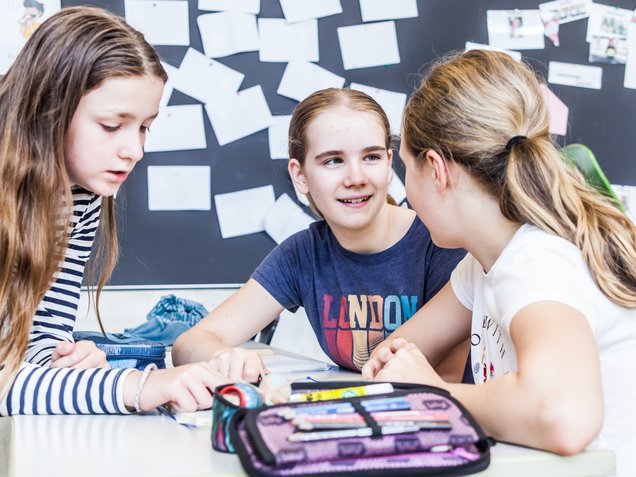 Schülerinnen und Schüler lernen zusammen Vokabeln