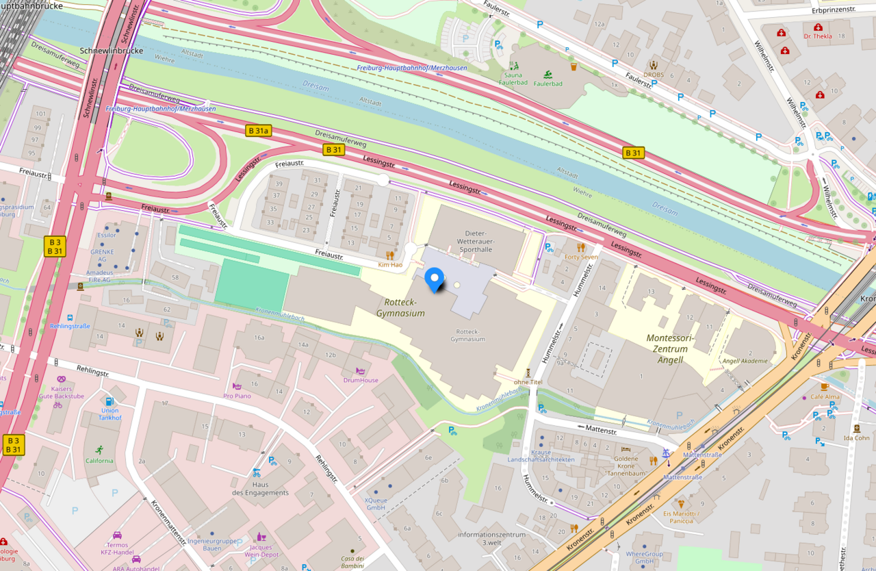 Interaktive Karte mit Anzeige der Lage des Rotteck-Gymasiums Freiburg