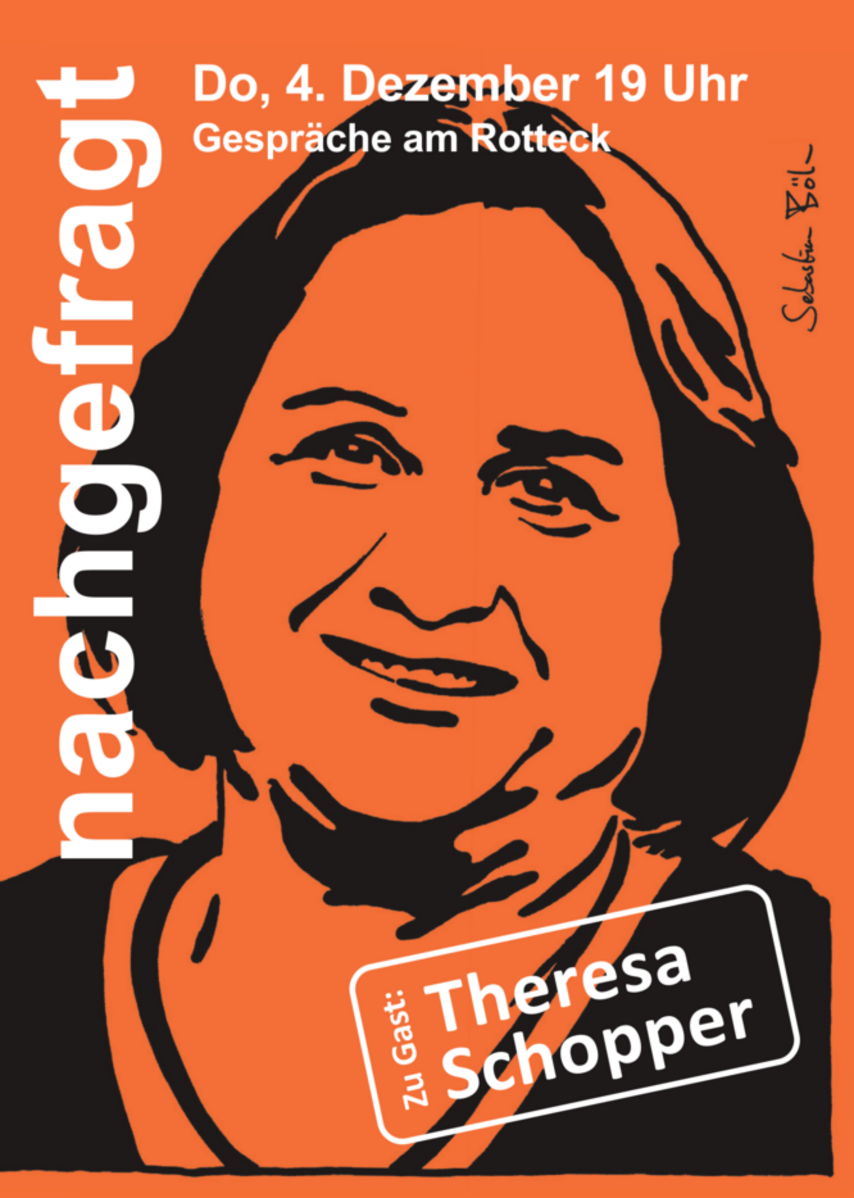 nachgefragt-Veranstaltungsplakat mit Portrait von Theresa Schopper