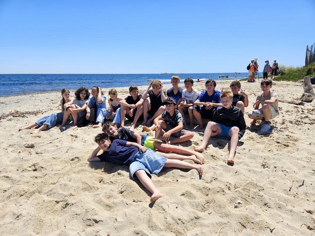 Schülerinnen und Schüler sitzen vergnügt am Strand in Hyères